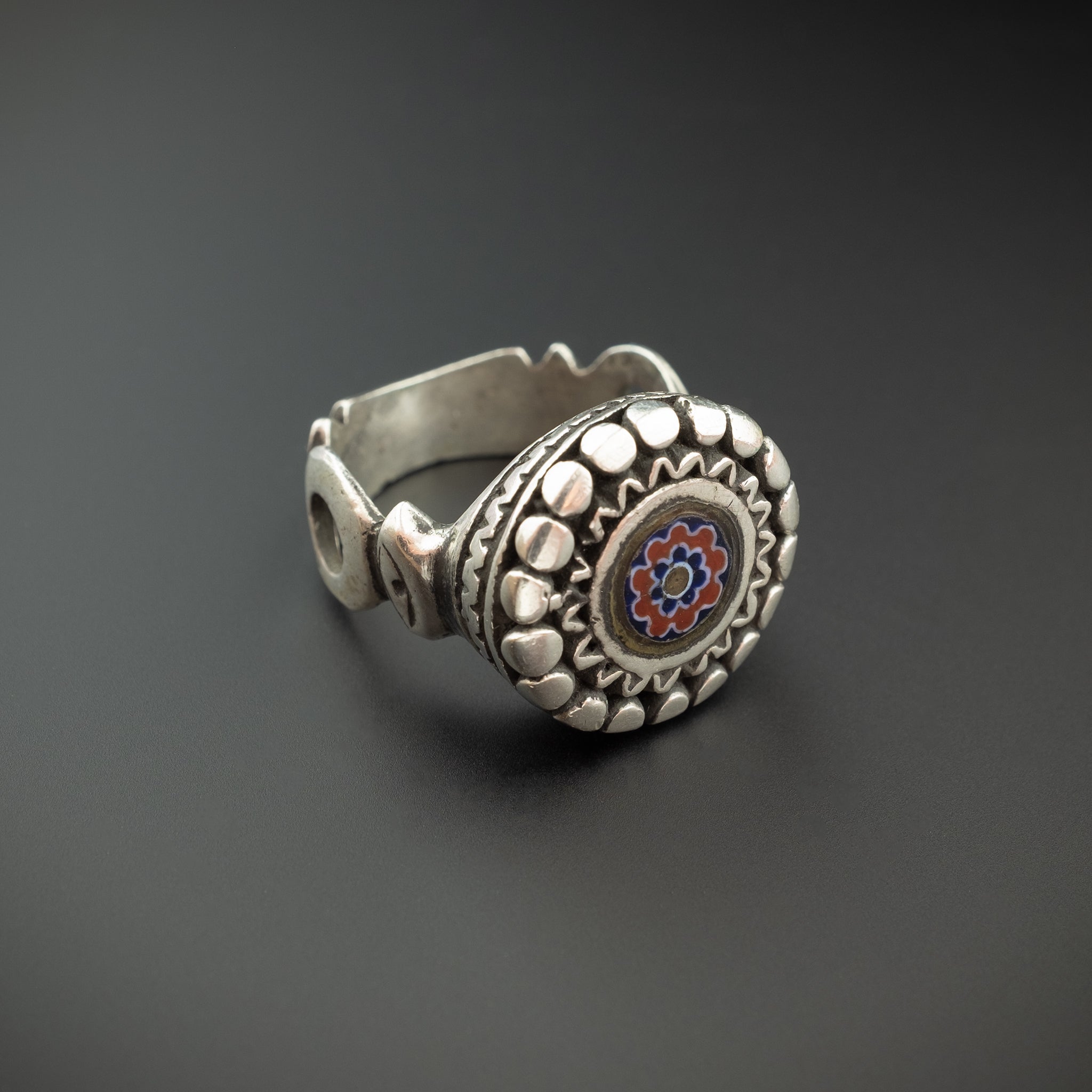 Vintage Silver Moroccan Berber Ring with Chevron Bead