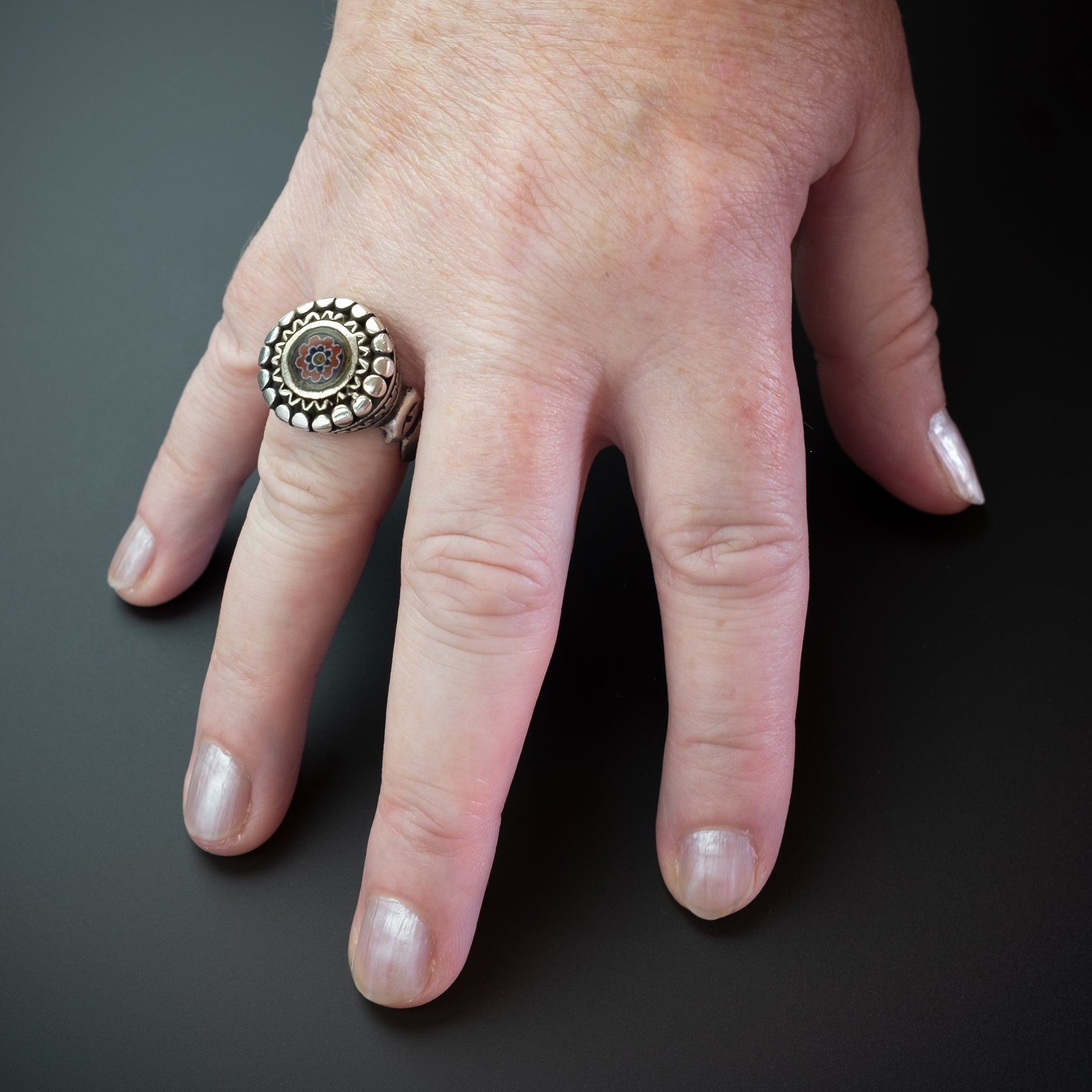 Vintage Silver Moroccan Berber Ring with Chevron Bead