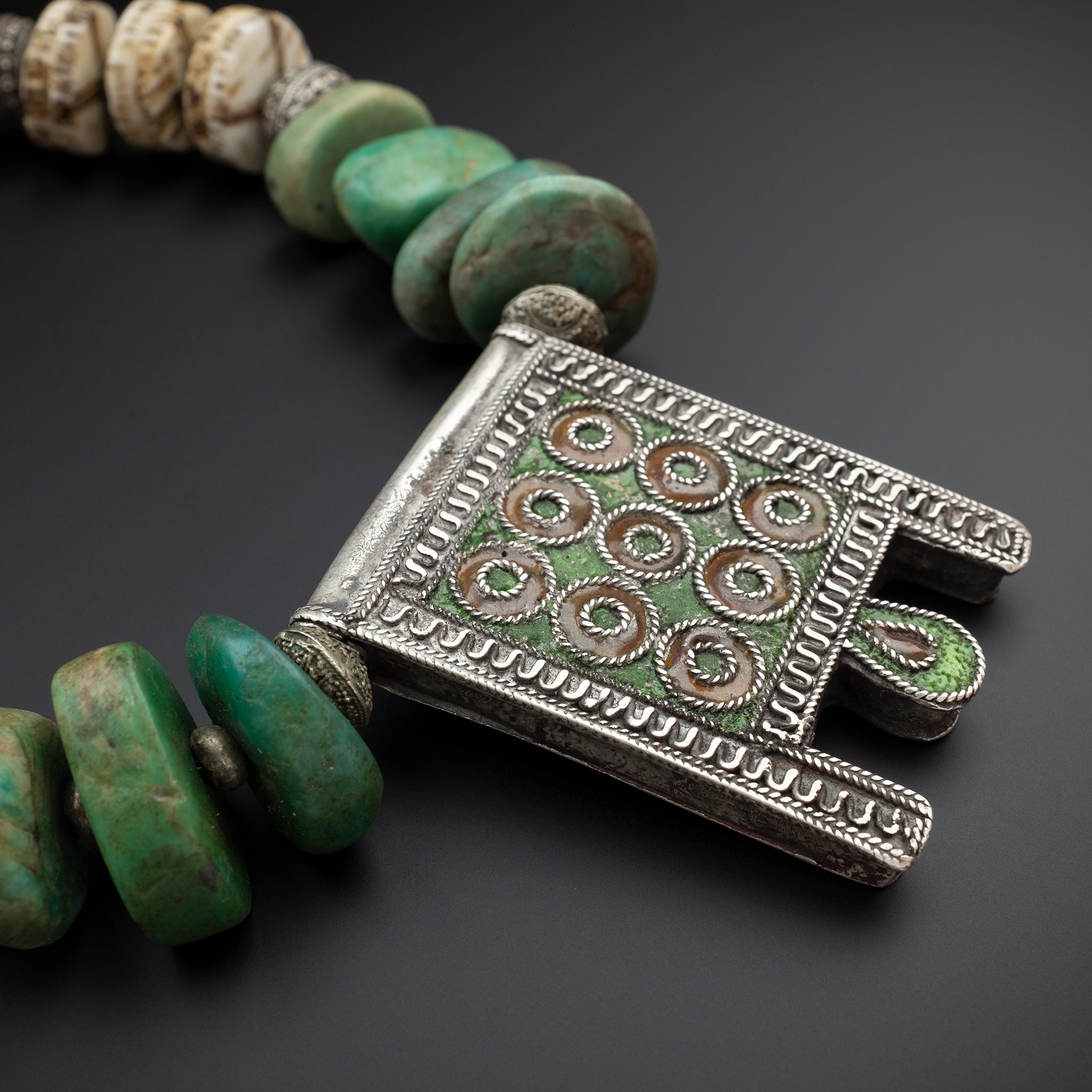 Vintage Moroccan Silver and Amazonite Necklace with Old Hirz Amulet Pendant
