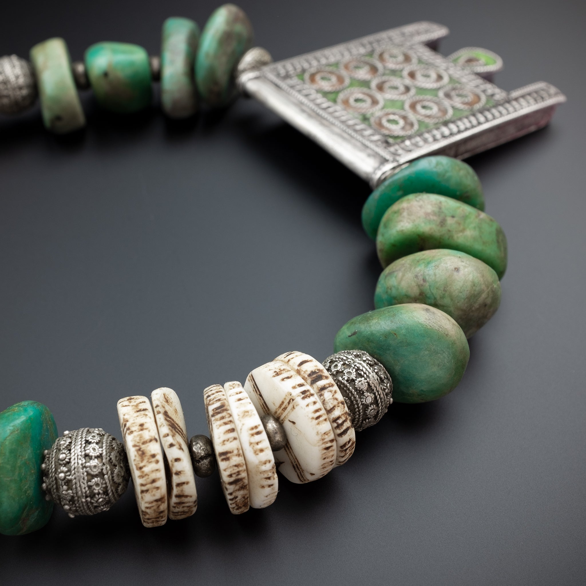 Vintage Moroccan Silver and Amazonite Necklace with Old Hirz Amulet Pendant