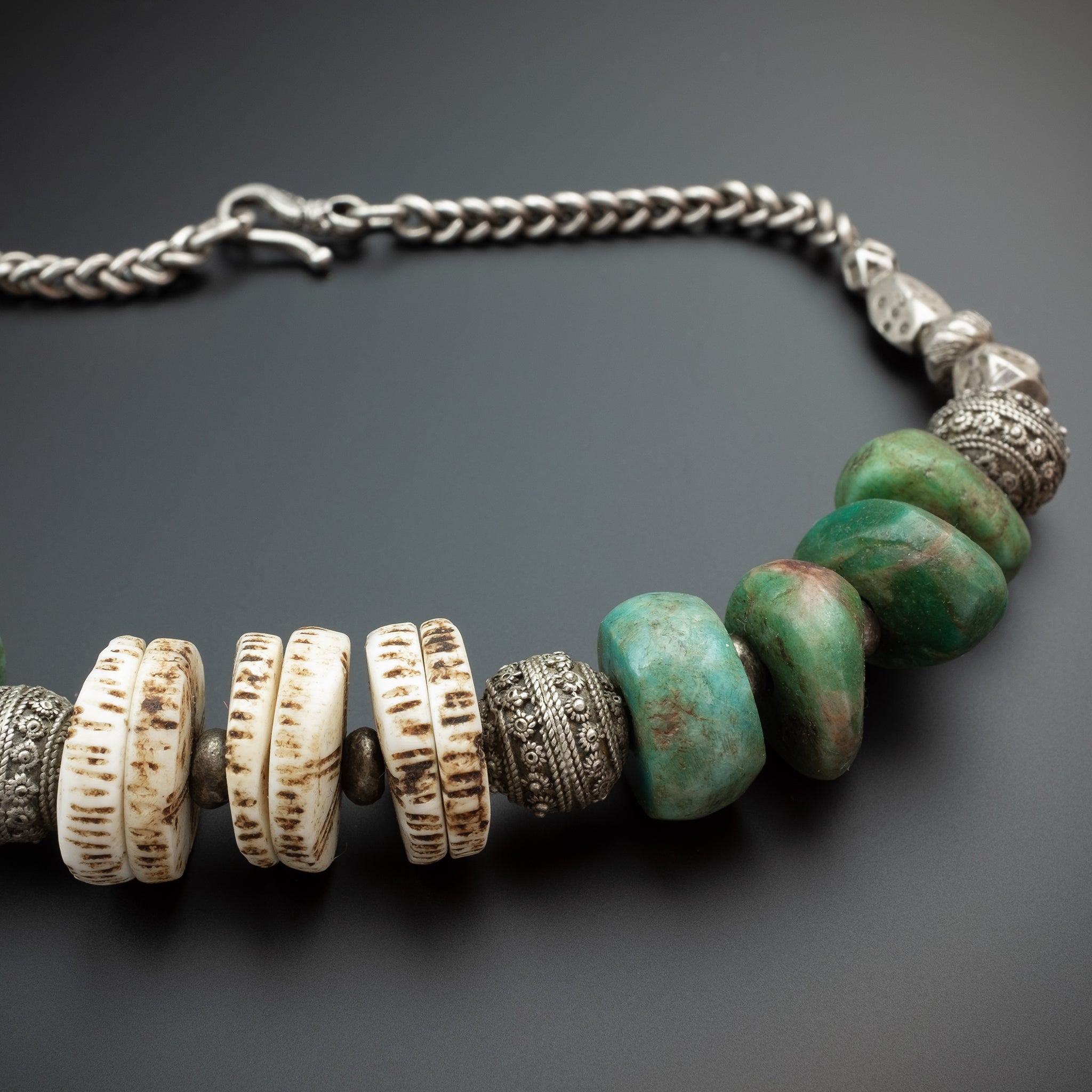 Vintage Moroccan Silver and Amazonite Necklace with Old Hirz Amulet Pendant