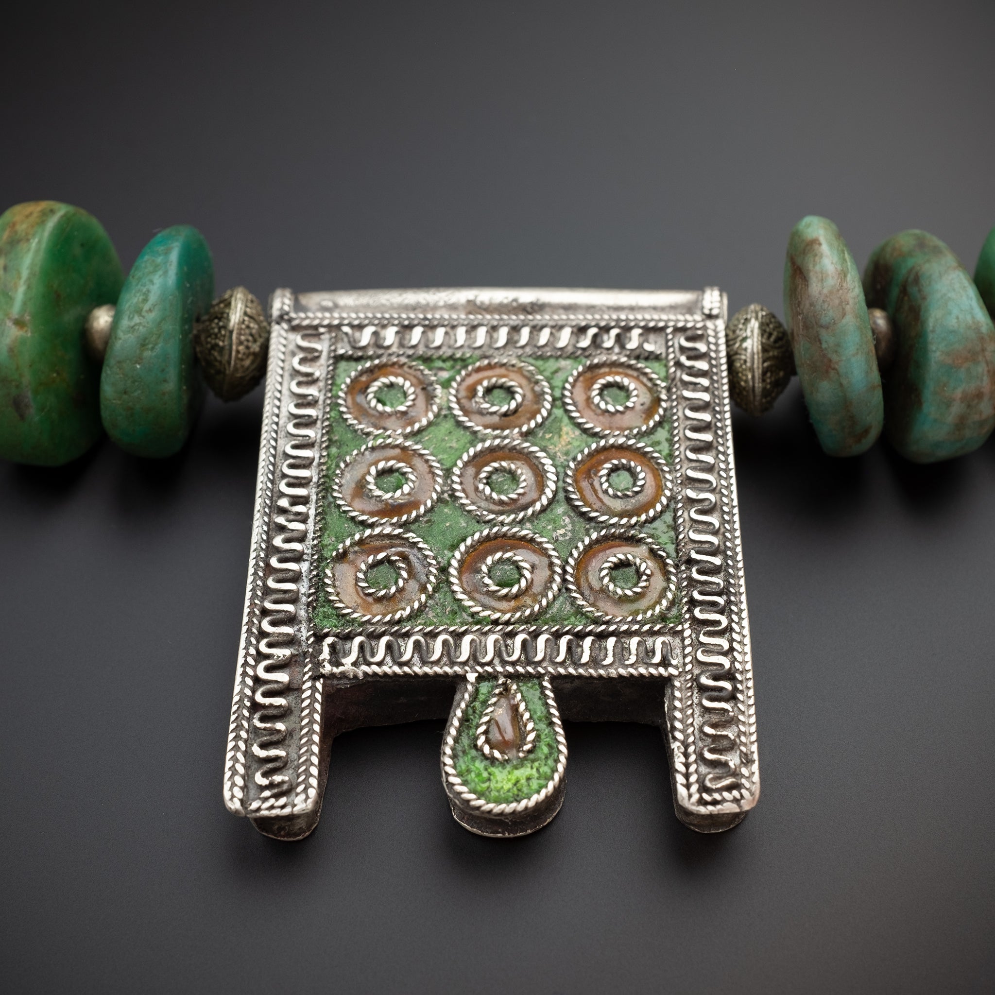 Vintage Moroccan Silver and Amazonite Necklace with Old Hirz Amulet Pendant