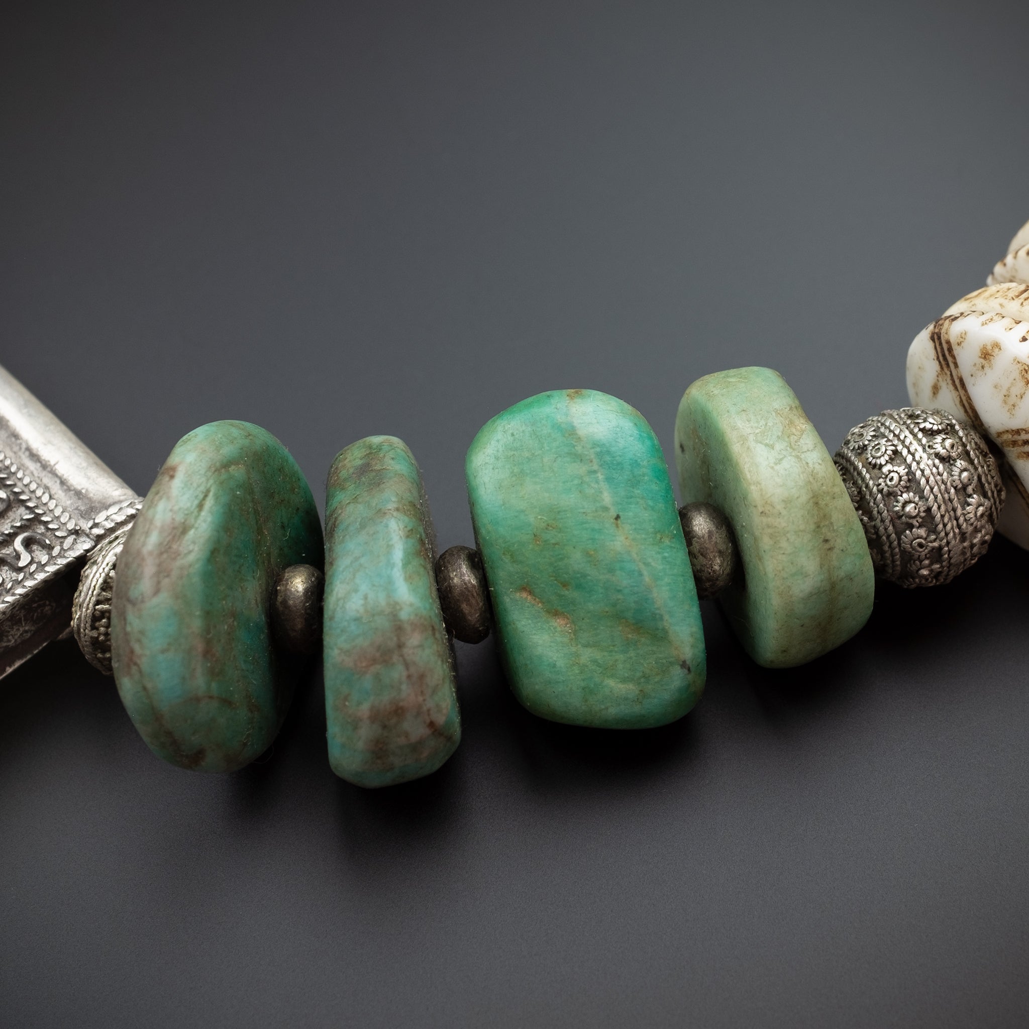Vintage Moroccan Silver and Amazonite Necklace with Old Hirz Amulet Pendant