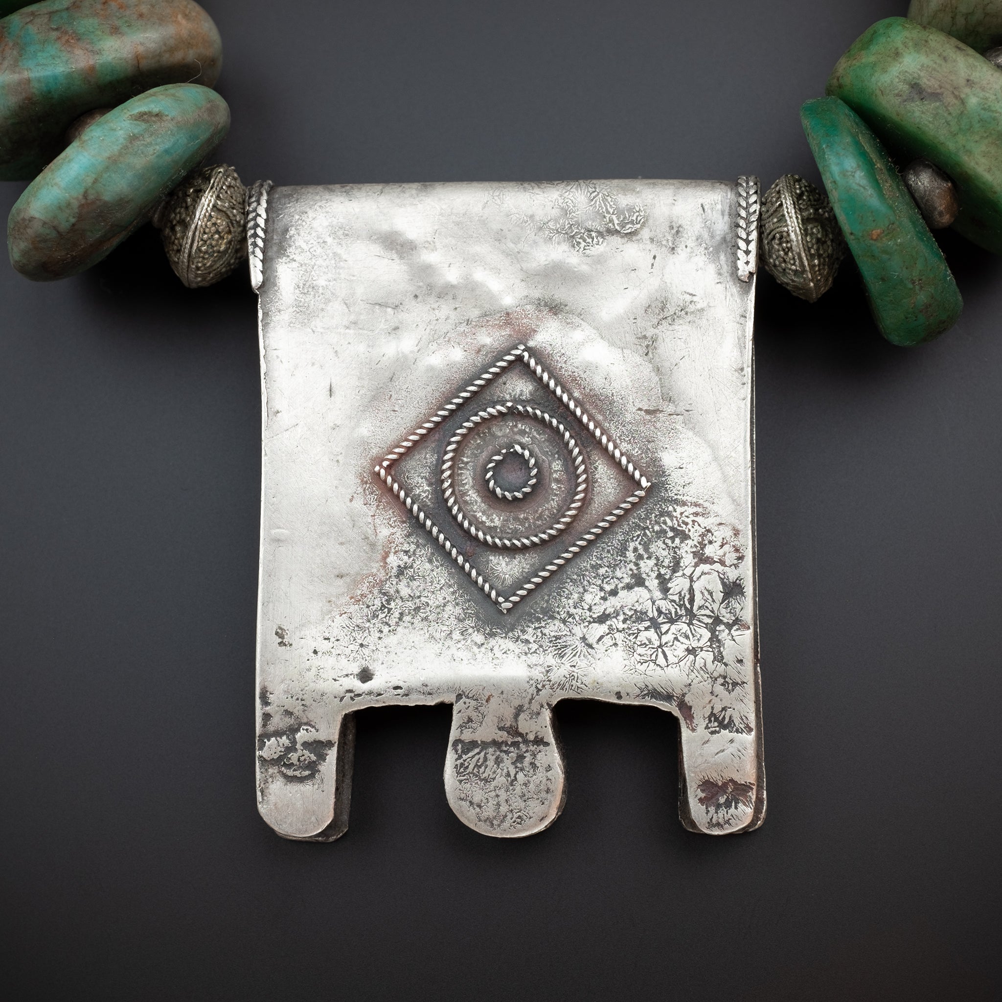 Vintage Moroccan Silver and Amazonite Necklace with Old Hirz Amulet Pendant