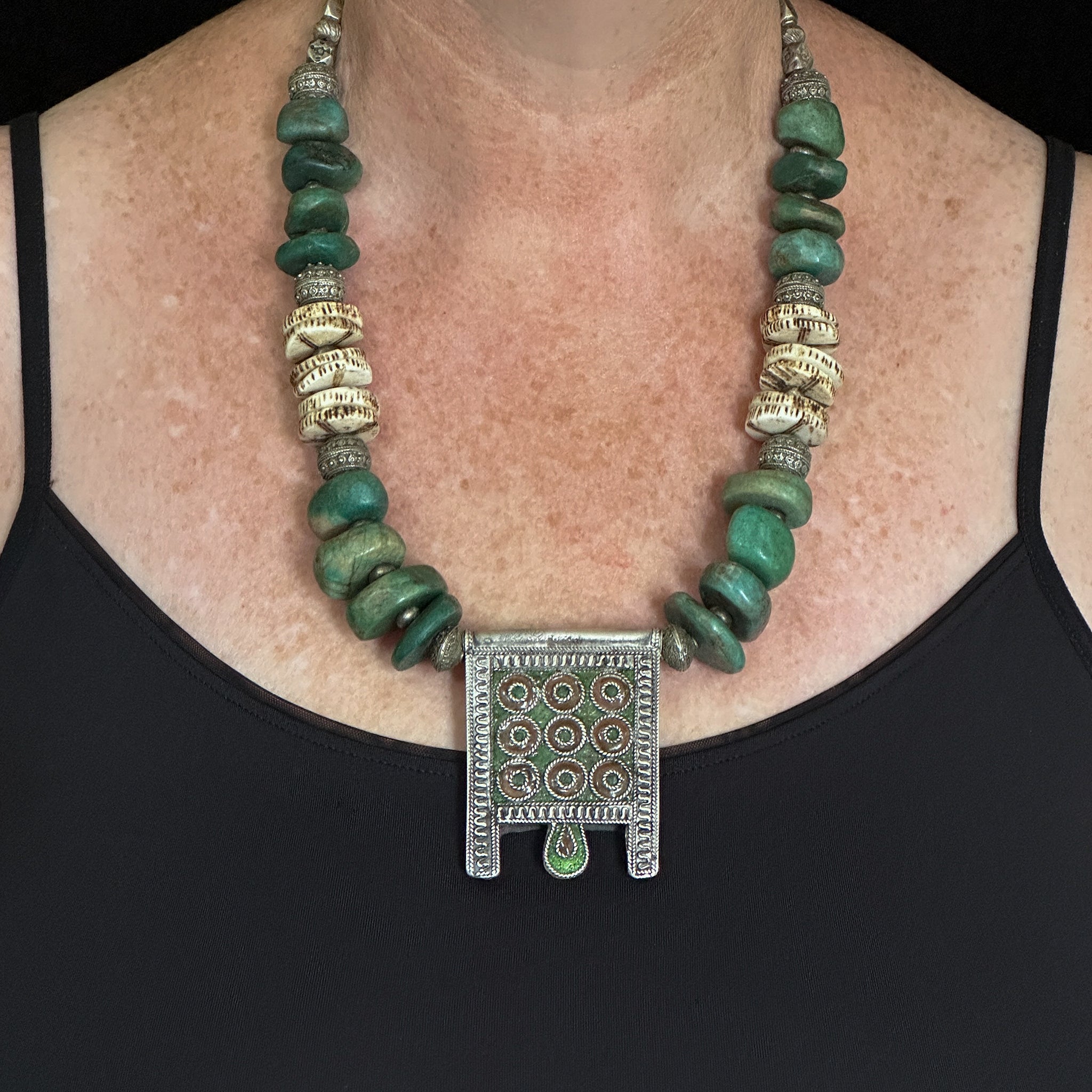 Vintage Moroccan Silver and Amazonite Necklace with Old Hirz Amulet Pendant